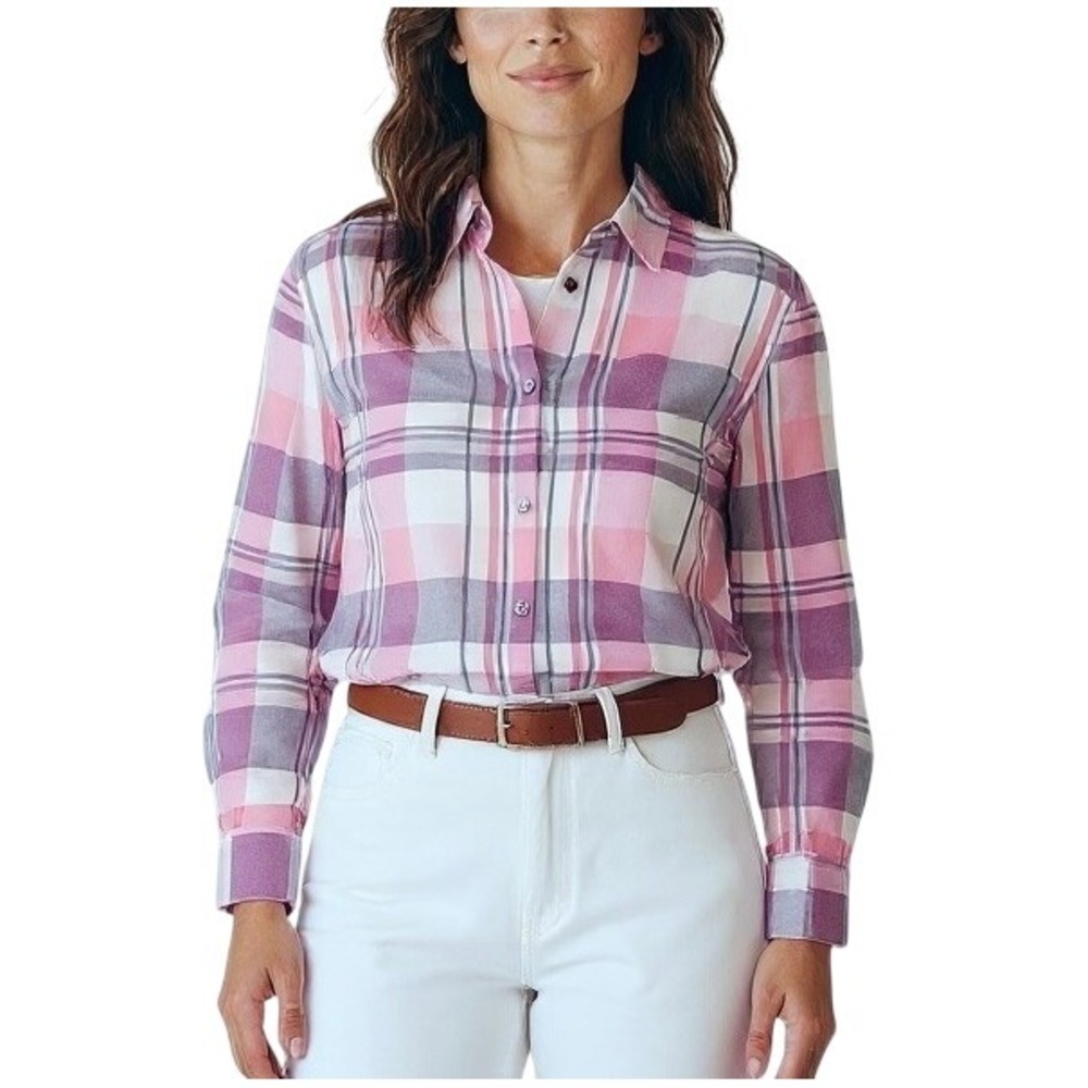 Cottagecore Collared Pink Plaid‎ Long Sleeve Shirt LARGE Long Sleeves Pastel NWT